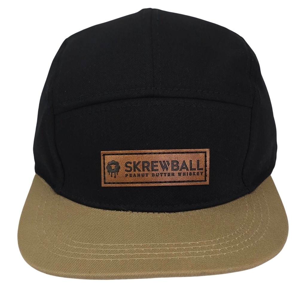Skrewball Peanut Butter‎ Whiskey 5 Panel Hat OSFA Black Tan Leather Patch Cap